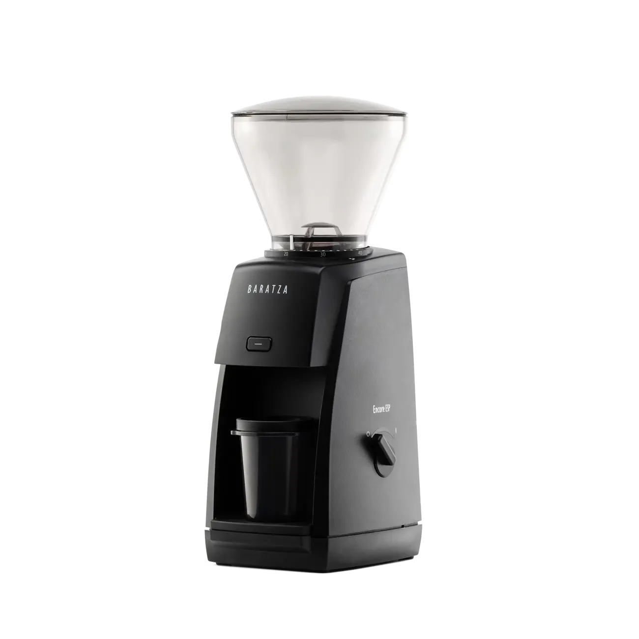 Diagonal view of a black Baratza Encore ESP coffee grinder.