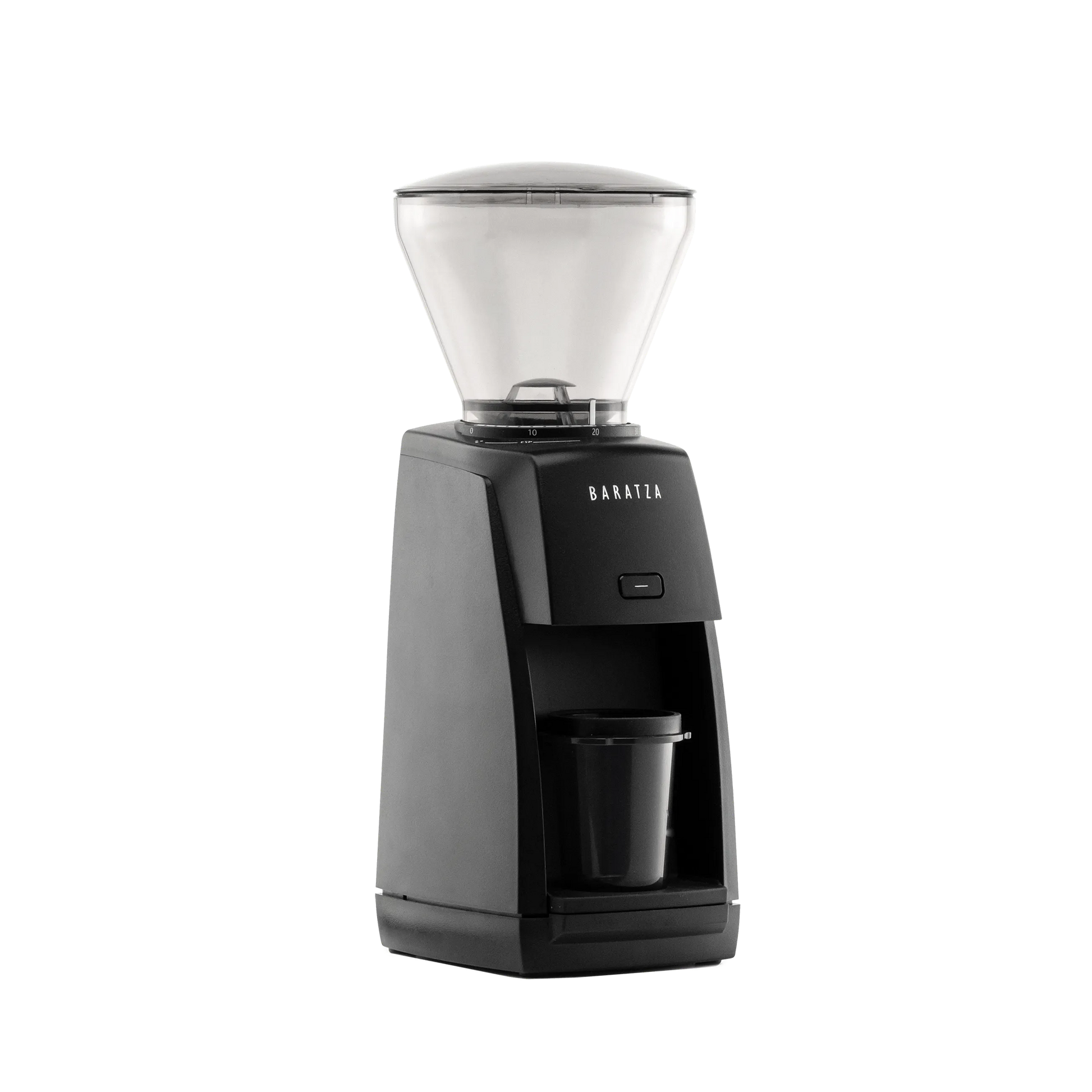 Diagonal view of a black Baratza Encore ESP coffee grinder.