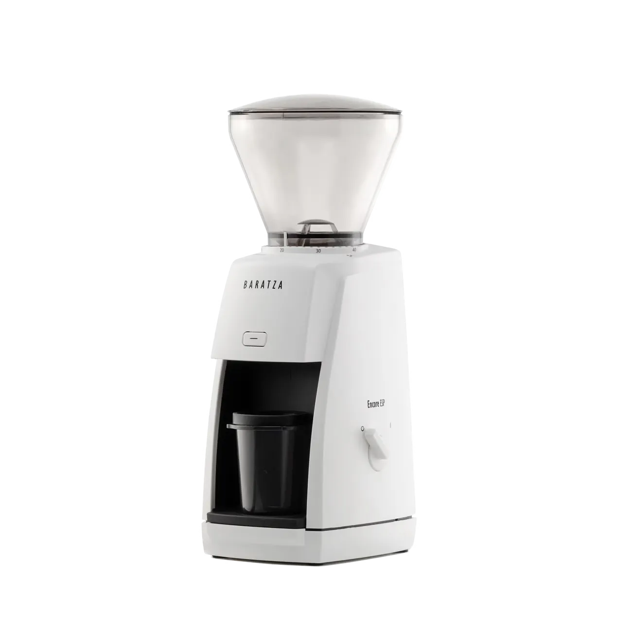 Diagonal view of a white Baratza Encore ESP coffee grinder.