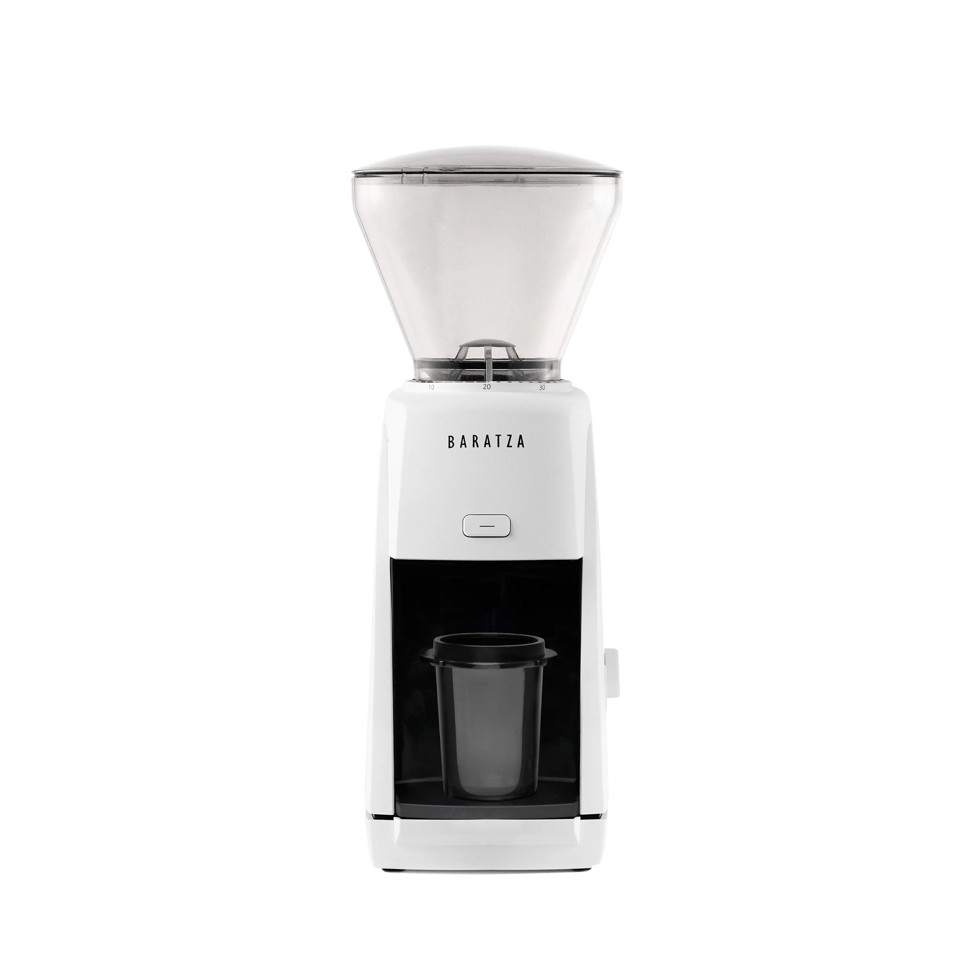 Front of a white Baratza Encore ESP coffee grinder.