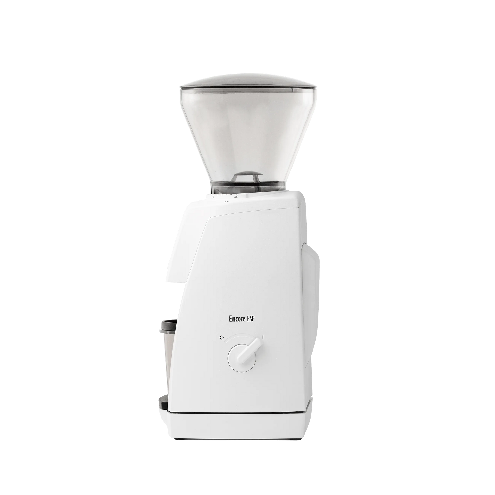 Left side of the Baratza Encore ESP grinder in white