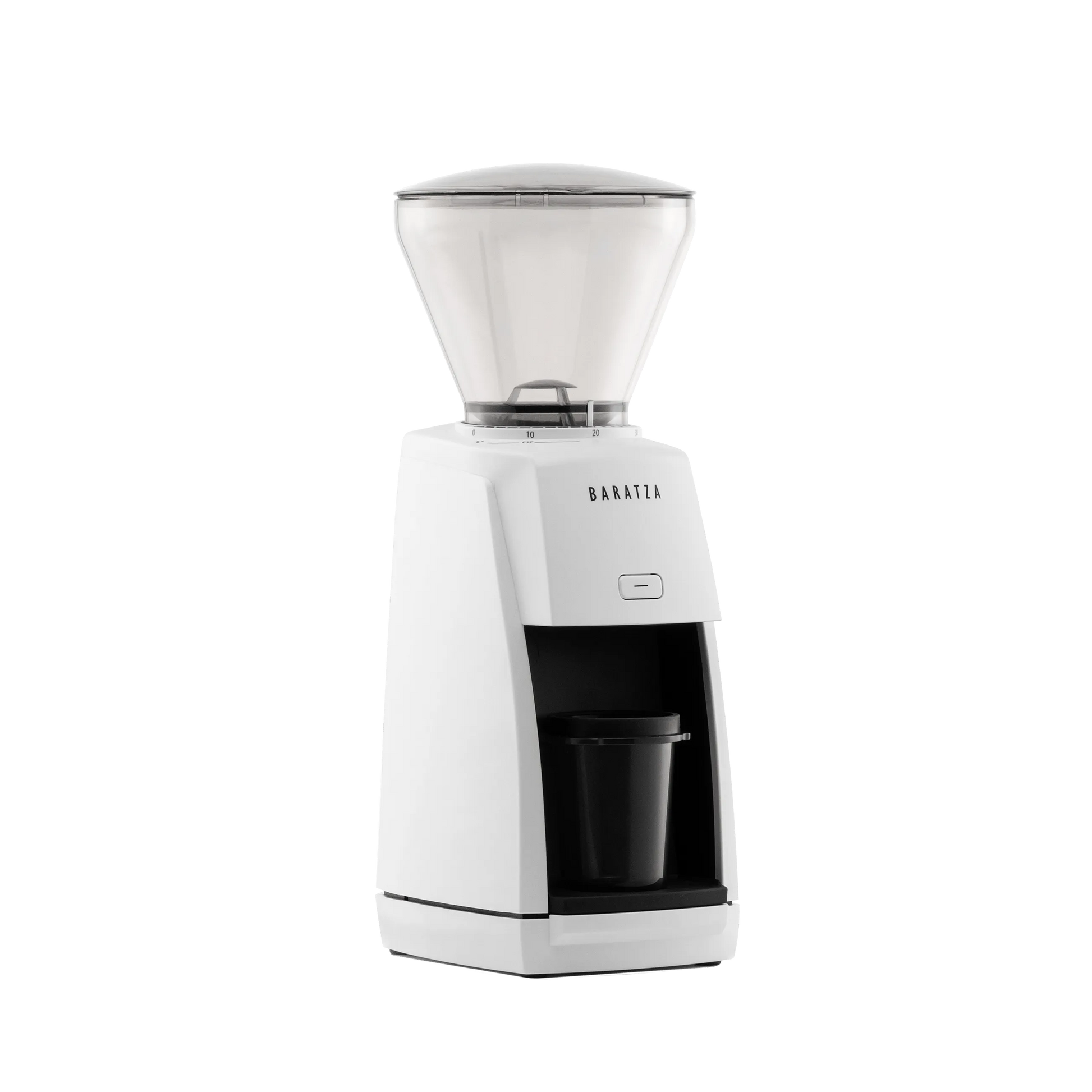 Diagonal view of a white Baratza Encore ESP coffee grinder.