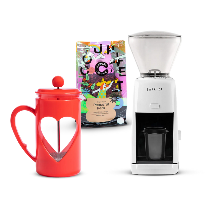 couplet coffee bag with a red french press and a baratza grinder