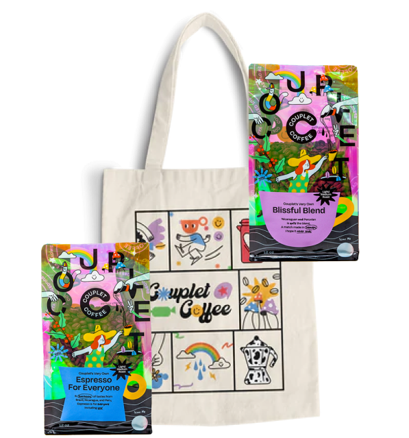bags of couplet coffee - blissful blend and espresso for everyone - with a couplet tote